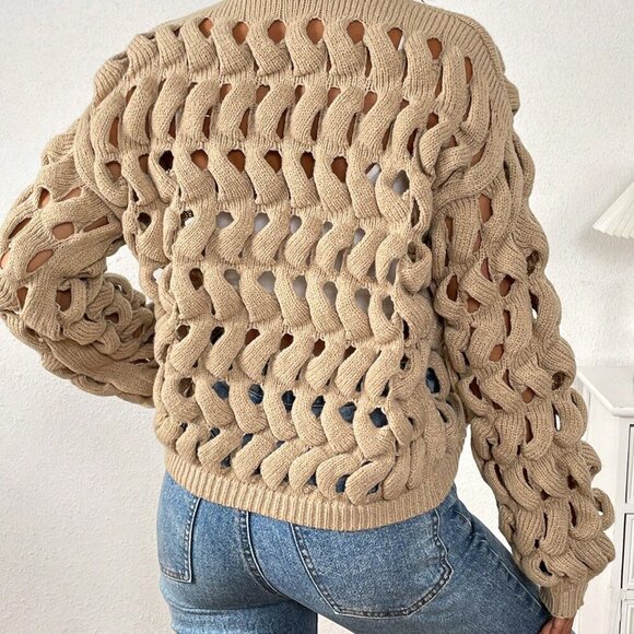 Khaki Casual Women's Long Sleeve Cable Knit Hollow-Out Cardigan - Picture 2 of 7